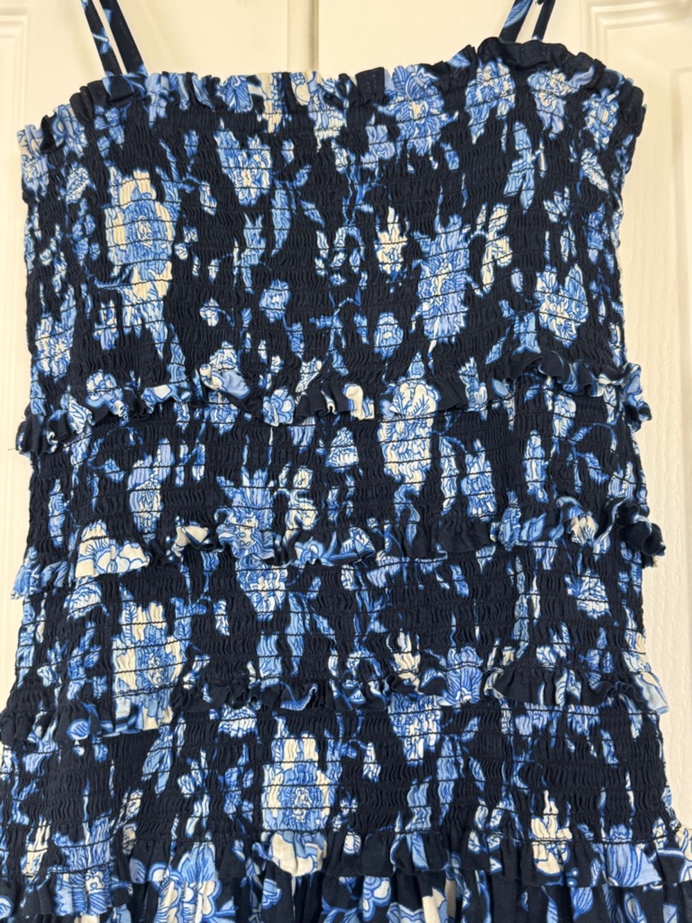 LAST CHANCE | J. Crew Smocked Midi Dress Blue Floral Small 100% Cotton Tie Strap - Picture 7 of 9